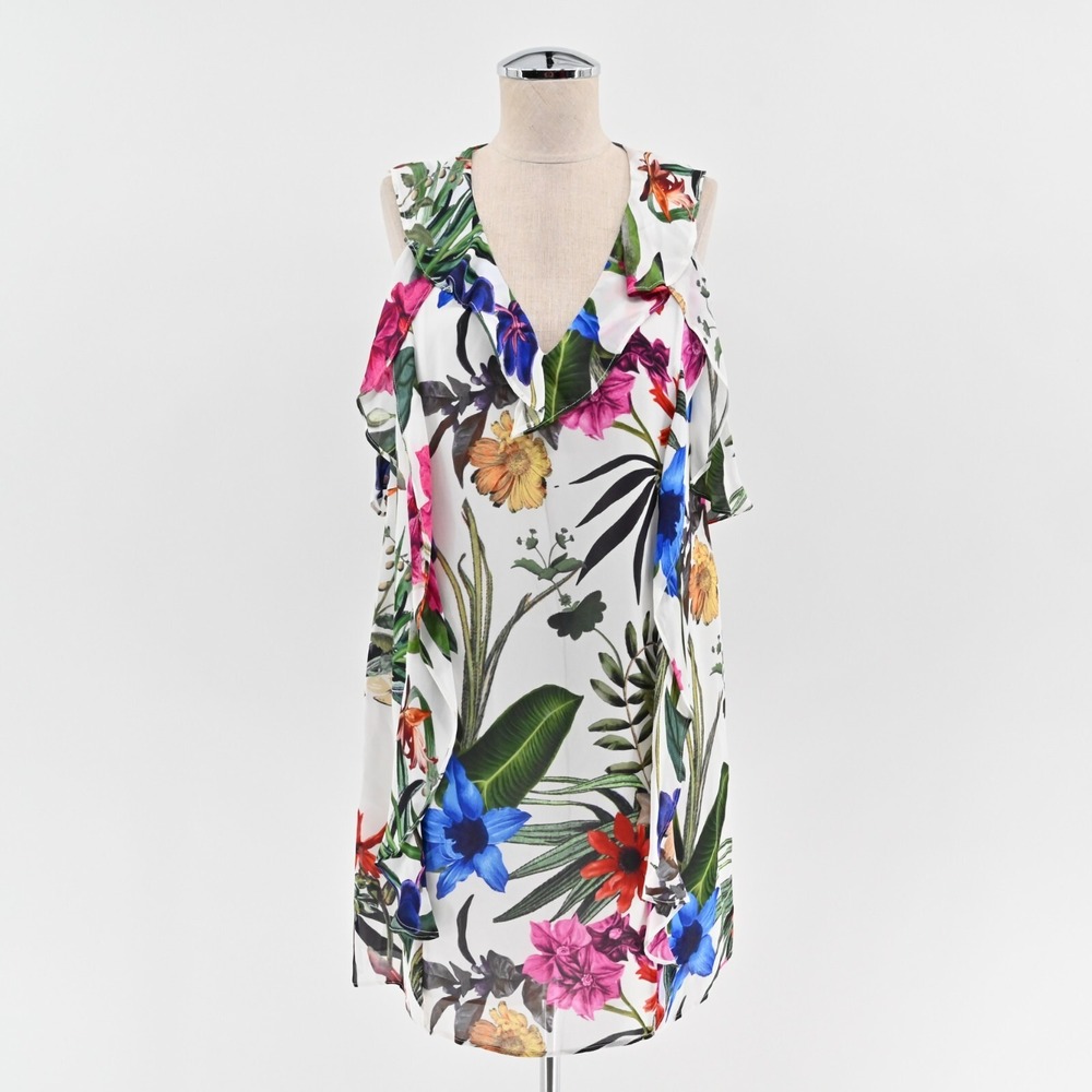 PARKER Glory Silk Dress Size S Tropical Floral Cold Shoulder Bloomcore Ruffle
